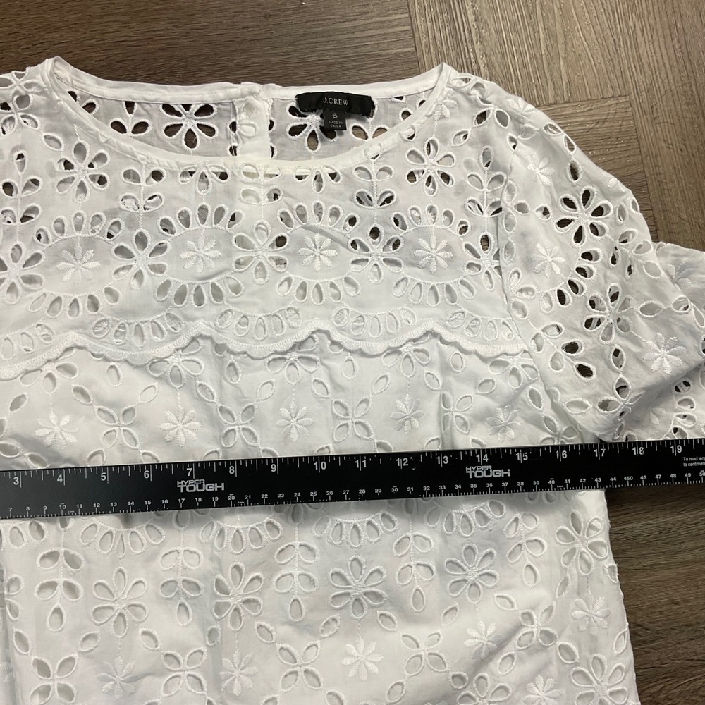 J.Crew Floral Eyelet Bell Sleeve Scalloped Hem Shift Dress Womens 6 White Boho - Picture 8 of 9